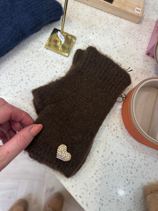 Mitaine santa Marron + broche glitter cœur